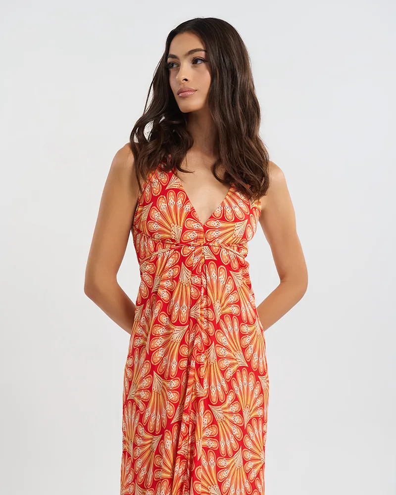 ΦΟΡΕΜΑ ΜΑΚΡΥ ΕΞΩΠΛΑΤΟ ΣΕ ΠΟΡΤΟΚΑΛΙ/ΚΟΚΚΙΝΟ/ΛΕΥΚΟ ΜΕ ΧΡΥΣΕΣ ΛΕΠΤΟΜΕΡΕΙΕΣ ONE SIZE  (60% SILK 40% POLYESTER)