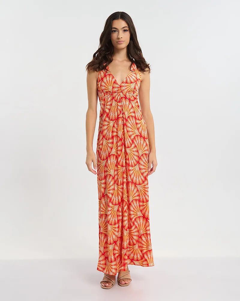 ΦΟΡΕΜΑ ΜΑΚΡΥ ΕΞΩΠΛΑΤΟ ΣΕ ΠΟΡΤΟΚΑΛΙ/ΚΟΚΚΙΝΟ/ΛΕΥΚΟ ΜΕ ΧΡΥΣΕΣ ΛΕΠΤΟΜΕΡΕΙΕΣ ONE SIZE  (60% SILK 40% POLYESTER)