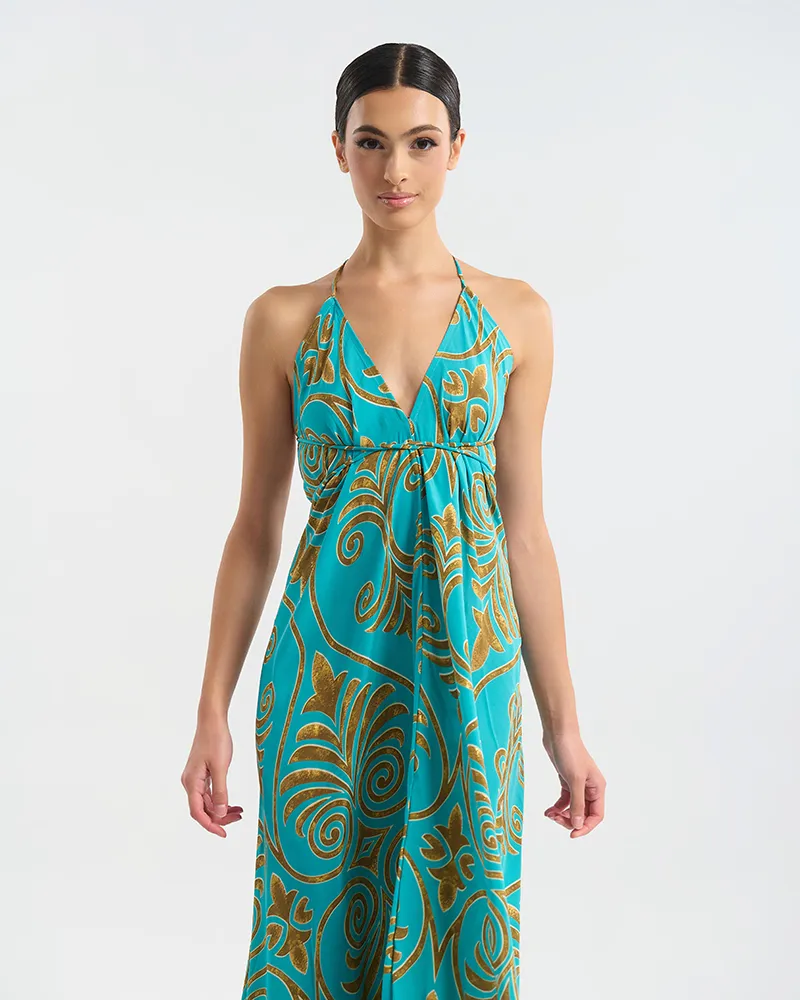 ΦΟΡΕΜΑ ΜΑΚΡΥ ΕΞΩΠΛΑΤΟ ΤΥΡΚΟΥΑΖ/ΧΡΥΣΟ ΜΕ ΑΡΧΑΙΟΕΛΛΗΝΙΚΟ ΥΦΟΣ ONE SIZE  (60% SILK 40% POLYESTER)