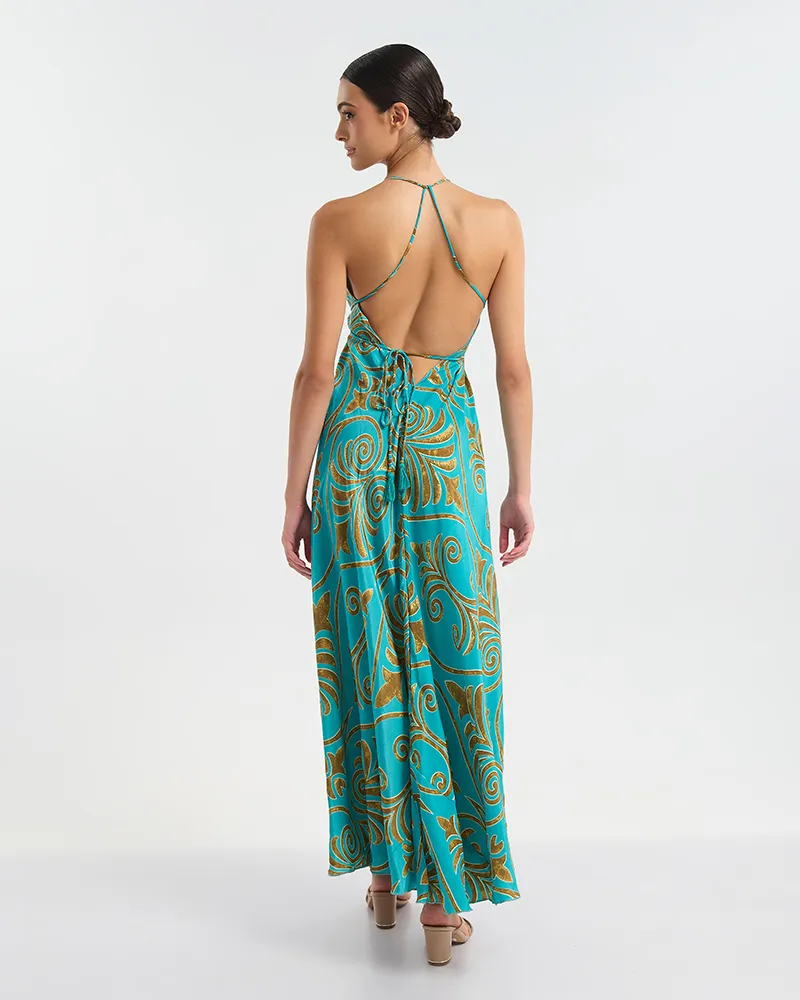 ΦΟΡΕΜΑ ΜΑΚΡΥ ΕΞΩΠΛΑΤΟ ΤΥΡΚΟΥΑΖ/ΧΡΥΣΟ ΜΕ ΑΡΧΑΙΟΕΛΛΗΝΙΚΟ ΥΦΟΣ ONE SIZE  (60% SILK 40% POLYESTER)