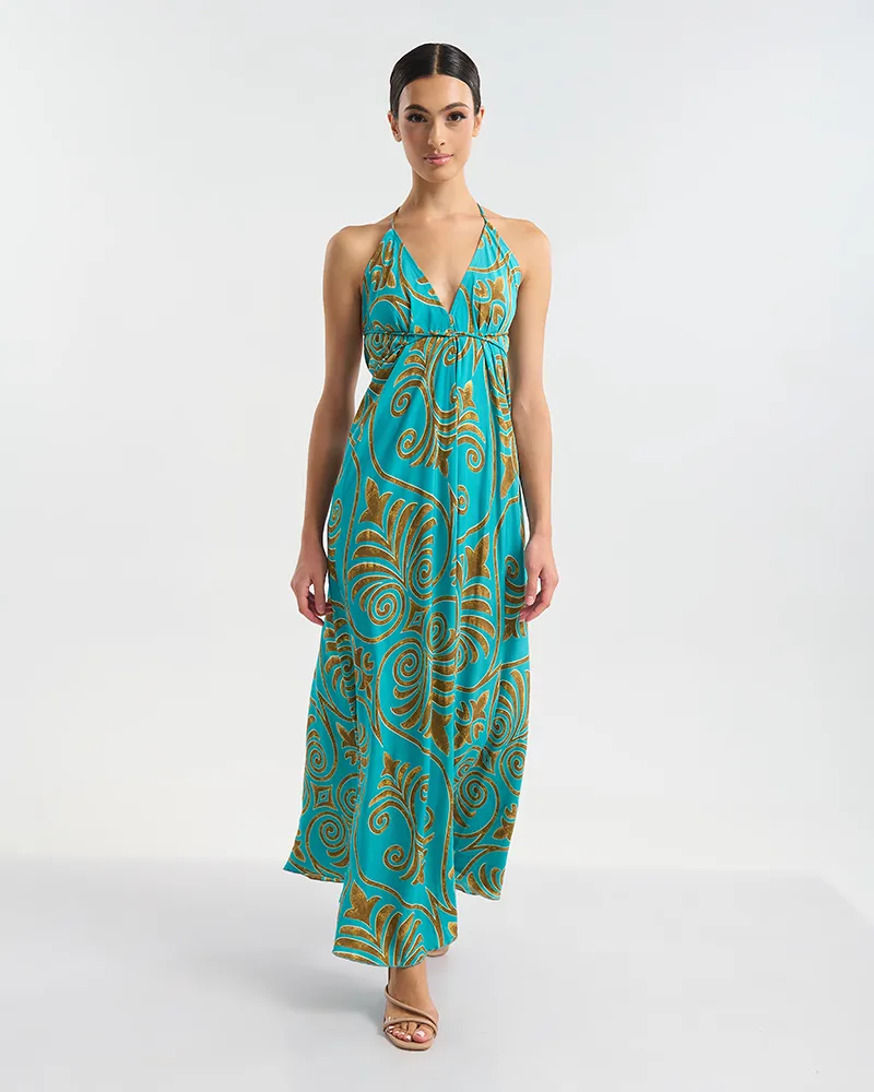 ΦΟΡΕΜΑ ΜΑΚΡΥ ΕΞΩΠΛΑΤΟ ΤΥΡΚΟΥΑΖ/ΧΡΥΣΟ ΜΕ ΑΡΧΑΙΟΕΛΛΗΝΙΚΟ ΥΦΟΣ ONE SIZE  (60% SILK 40% POLYESTER)