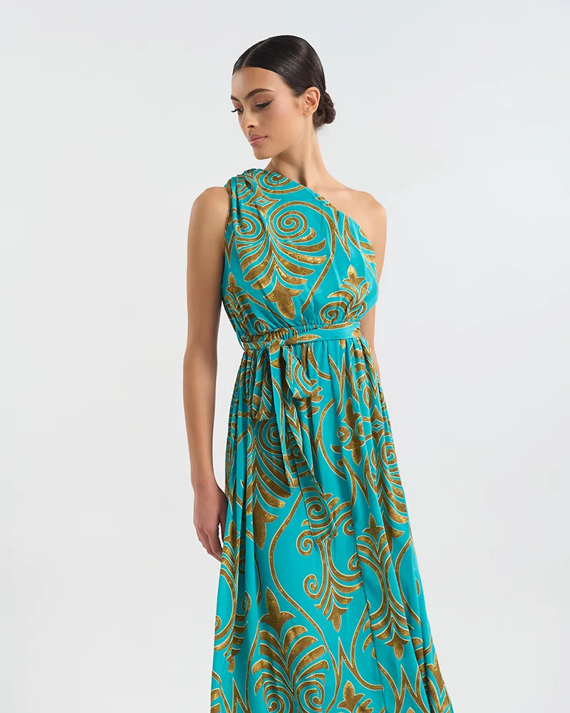 ΦΟΡΕΜΑ ΜΑΚΡΥ ΜΕ 1 ΩΜΟ ΤΥΡΚΟΥΑΖ/ΧΡΥΣΟ ΜΕ ΑΡΧΑΙΟΕΛΛΗΝΙΚΟ ΥΦΟΣ ONE SIZE  (60% SILK 40% POLYESTER)