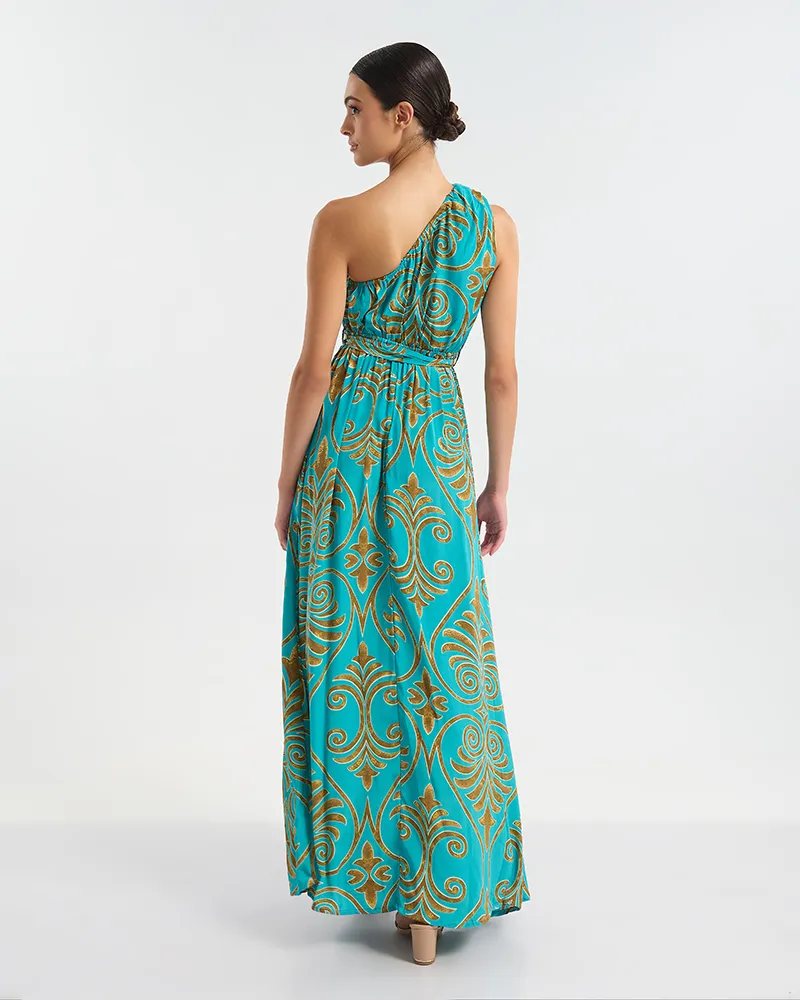 ΦΟΡΕΜΑ ΜΑΚΡΥ ΜΕ 1 ΩΜΟ ΤΥΡΚΟΥΑΖ/ΧΡΥΣΟ ΜΕ ΑΡΧΑΙΟΕΛΛΗΝΙΚΟ ΥΦΟΣ ONE SIZE  (60% SILK 40% POLYESTER)