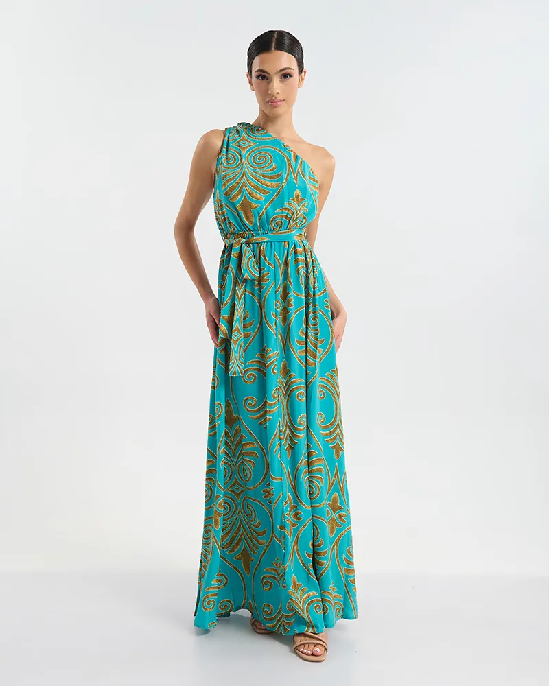 ΦΟΡΕΜΑ ΜΑΚΡΥ ΜΕ 1 ΩΜΟ ΤΥΡΚΟΥΑΖ/ΧΡΥΣΟ ΜΕ ΑΡΧΑΙΟΕΛΛΗΝΙΚΟ ΥΦΟΣ ONE SIZE  (60% SILK 40% POLYESTER)