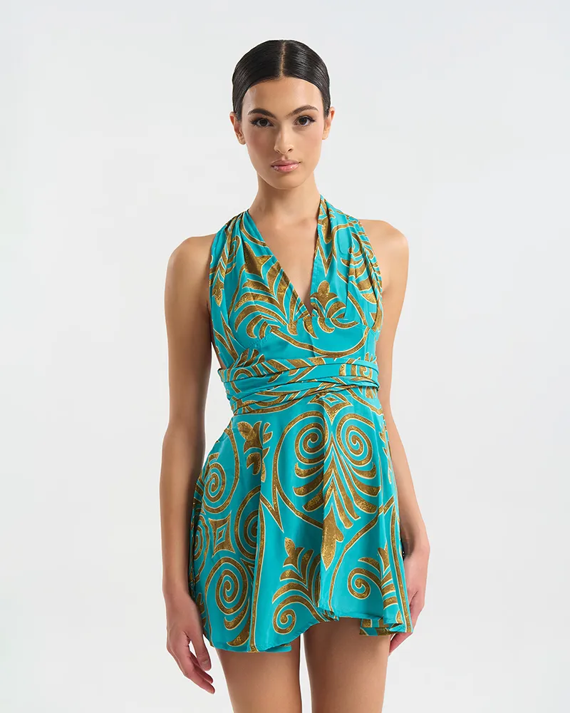 ΦΟΡΕΜΑ ΚΟΝΤΟ ΠΟΛΥΜΟΡΦΙΚΟ ΤΥΡΚΟΥΑΖ/ΧΡΥΣΟ ΜΕ ΑΡΧΑΙΟΕΛΛΗΝΙΚΟ ΥΦΟΣ ONE SIZE  (60% SILK 40% POLYESTER)