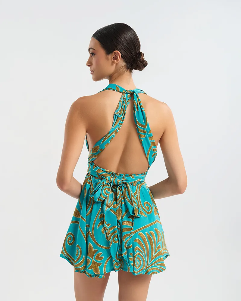 ΦΟΡΕΜΑ ΚΟΝΤΟ ΠΟΛΥΜΟΡΦΙΚΟ ΤΥΡΚΟΥΑΖ/ΧΡΥΣΟ ΜΕ ΑΡΧΑΙΟΕΛΛΗΝΙΚΟ ΥΦΟΣ ONE SIZE  (60% SILK 40% POLYESTER)