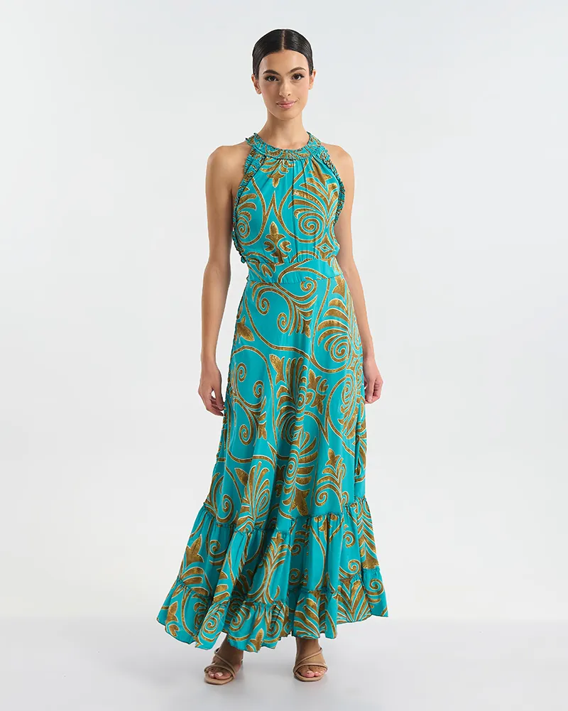 ΦΟΡΕΜΑ ΜΑΚΡΥ ΑΜΑΝΙΚΟ ΤΥΡΚΟΥΑΖ/ΧΡΥΣΟ ΜΕ ΑΡΧΑΙΟΕΛΛΗΝΙΚΟ ΥΦΟΣ ONE SIZE  (60% SILK 40% POLYESTER)