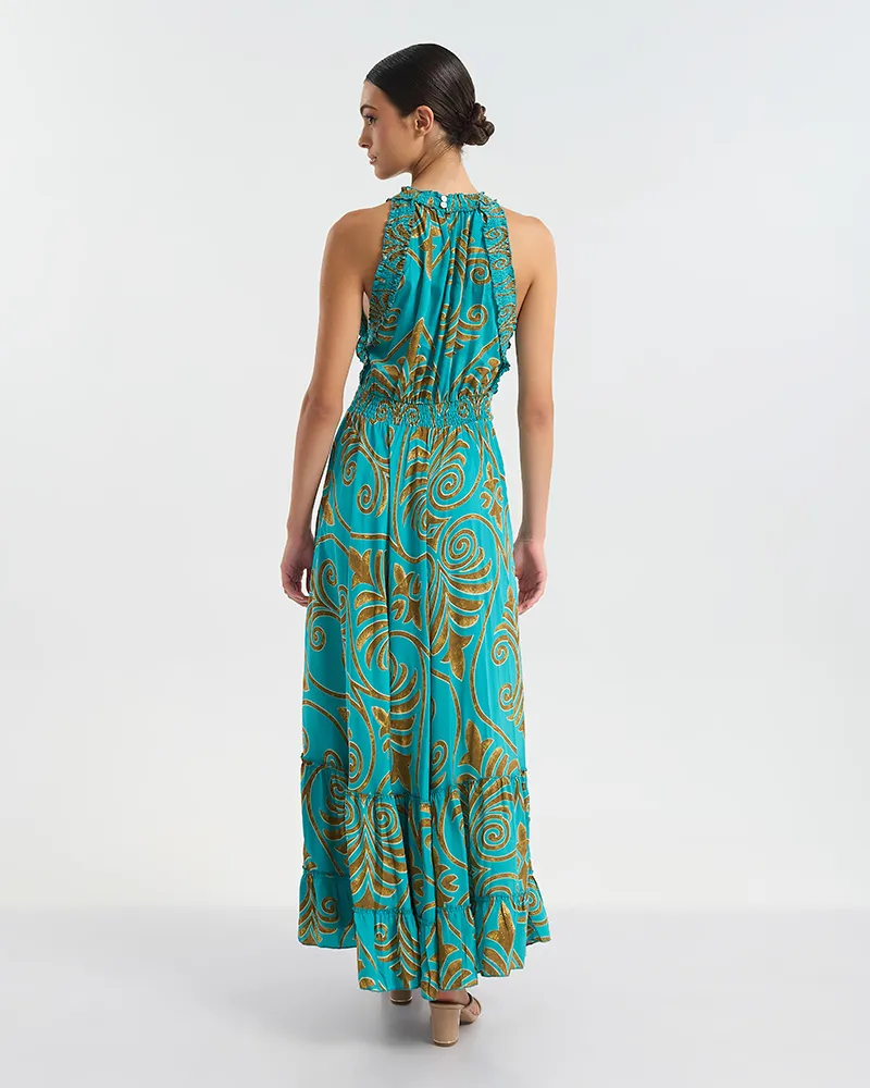 ΦΟΡΕΜΑ ΜΑΚΡΥ ΑΜΑΝΙΚΟ ΤΥΡΚΟΥΑΖ/ΧΡΥΣΟ ΜΕ ΑΡΧΑΙΟΕΛΛΗΝΙΚΟ ΥΦΟΣ ONE SIZE  (60% SILK 40% POLYESTER)