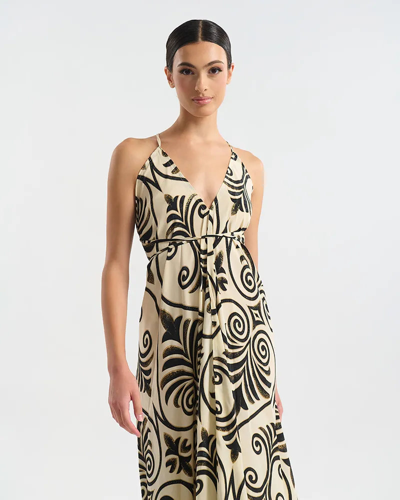 ΦΟΡΕΜΑ ΜΑΚΡΥ ΕΞΩΠΛΑΤΟ ΕΚΡΟΎ ΜΕ ΜΑΥΡΕΣ/ΧΡΥΣΕΣ ΛΕΠΤΟΜΕΡΕΙΕΣ ONE SIZE (60% SILK 40% POLYESTER)