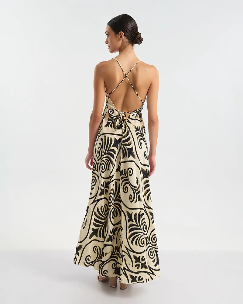 ΦΟΡΕΜΑ ΜΑΚΡΥ ΕΞΩΠΛΑΤΟ ΕΚΡΟΎ ΜΕ ΜΑΥΡΕΣ/ΧΡΥΣΕΣ ΛΕΠΤΟΜΕΡΕΙΕΣ ONE SIZE (60% SILK 40% POLYESTER)