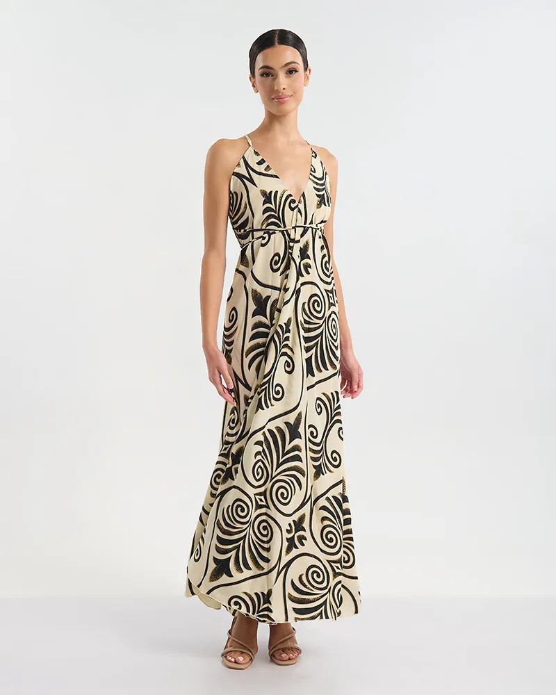 ΦΟΡΕΜΑ ΜΑΚΡΥ ΕΞΩΠΛΑΤΟ ΕΚΡΟΎ ΜΕ ΜΑΥΡΕΣ/ΧΡΥΣΕΣ ΛΕΠΤΟΜΕΡΕΙΕΣ ONE SIZE (60% SILK 40% POLYESTER)