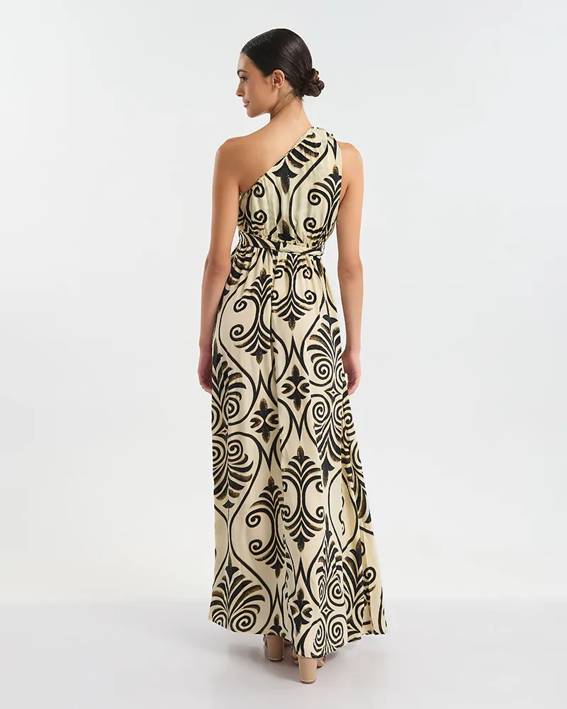 ΦΟΡΕΜΑ ΜΑΚΡΥ ΜΕ 1 ΩΜΟ ΕΚΡΟΎ ΜΕ ΜΑΥΡΕΣ/ΧΡΥΣΕΣ ΛΕΠΤΟΜΕΡΕΙΕΣ ONE SIZE  (60% SILK 40% POLYESTER)