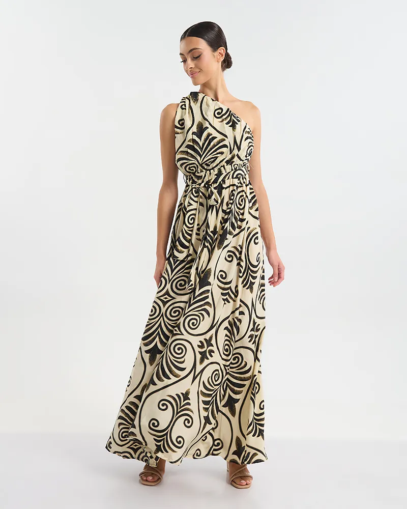 ΦΟΡΕΜΑ ΜΑΚΡΥ ΜΕ 1 ΩΜΟ ΕΚΡΟΎ ΜΕ ΜΑΥΡΕΣ/ΧΡΥΣΕΣ ΛΕΠΤΟΜΕΡΕΙΕΣ ONE SIZE  (60% SILK 40% POLYESTER)