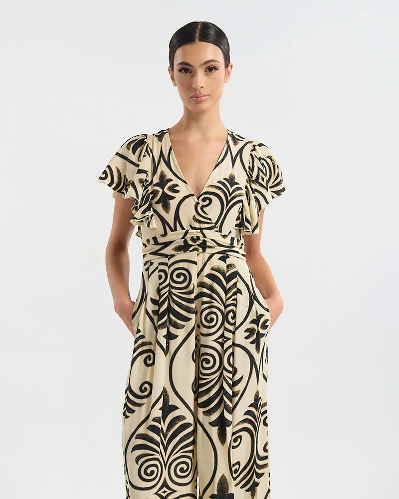 ΟΛΟΣΩΜΗ ΦΟΡΜΑ ΜΑΚΡΙΑ ΜΕ ΚΟΝΤΟ ΜΑΝΙΚΙ ΕΚΡΟΎ ΜΕ ΜΑΥΡΕΣ/ΧΡΥΣΕΣ ΛΕΠΤΟΜΕΡΕΙΕΣ ONE SIZE  (60% SILK 40% POLYESTER)