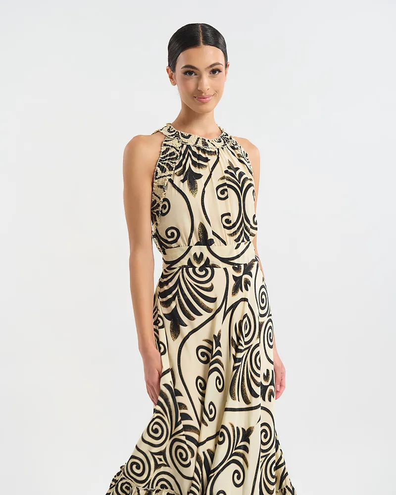 ΦΟΡΕΜΑ ΜΑΚΡΥ ΑΜΑΝΙΚΟ ΕΚΡΟΎ ΜΕ ΜΑΥΡΕΣ/ΧΡΥΣΕΣ ΛΕΠΤΟΜΕΡΕΙΕΣ ONE SIZE (60% SILK 40% POLYESTER)