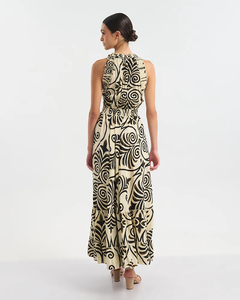 ΦΟΡΕΜΑ ΜΑΚΡΥ ΑΜΑΝΙΚΟ ΕΚΡΟΎ ΜΕ ΜΑΥΡΕΣ/ΧΡΥΣΕΣ ΛΕΠΤΟΜΕΡΕΙΕΣ ONE SIZE (60% SILK 40% POLYESTER)