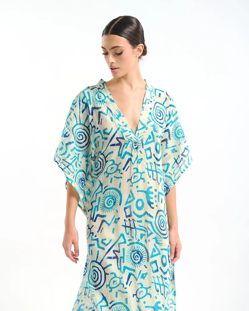 ΦΟΡΕΜΑ ΜΑΚΡΥ ΚΟΝΤΟΜΑΝΙΚΟ ΛΕΥΚΟ ΜΕ ΜΠΛΕ/ ΤΙΡΚΟΥΑΖ ΣΧΕΔΙΑ ONE SIZE  (100% COTTON)