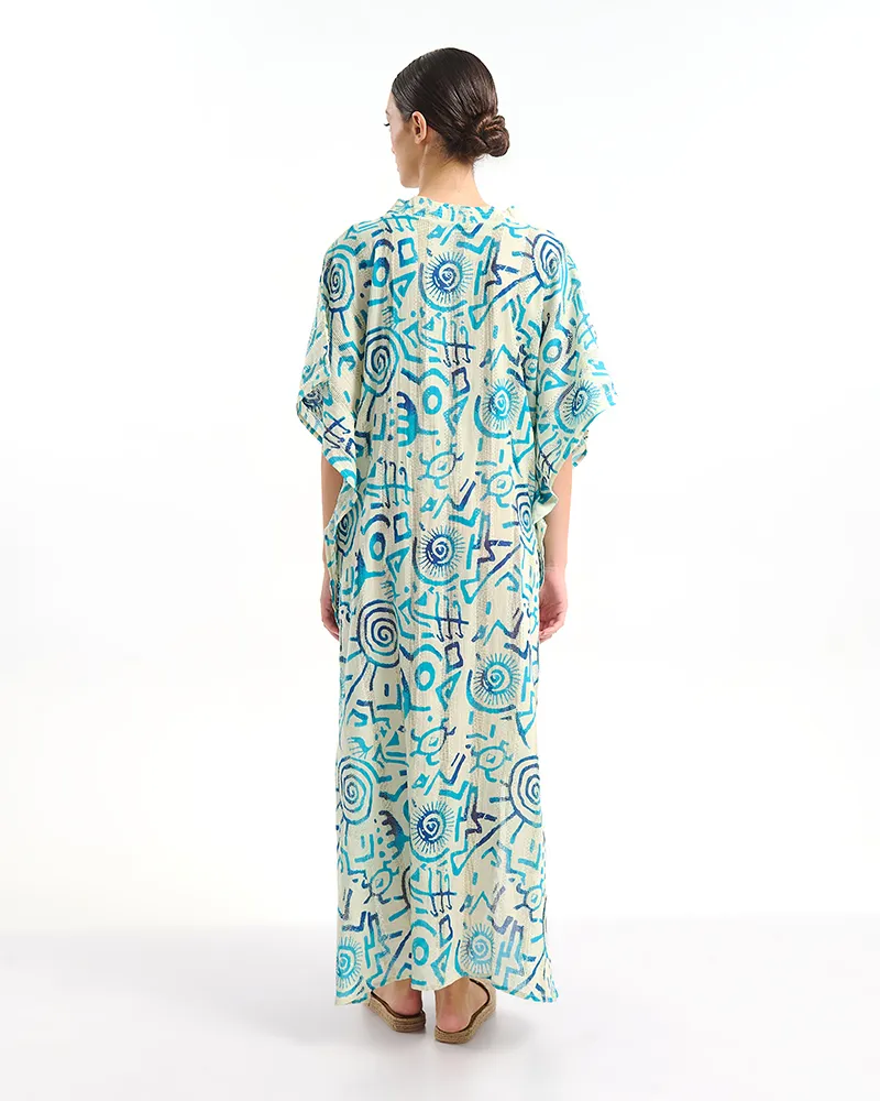 ΦΟΡΕΜΑ ΜΑΚΡΥ ΚΟΝΤΟΜΑΝΙΚΟ ΛΕΥΚΟ ΜΕ ΜΠΛΕ/ ΤΙΡΚΟΥΑΖ ΣΧΕΔΙΑ ONE SIZE  (100% COTTON)