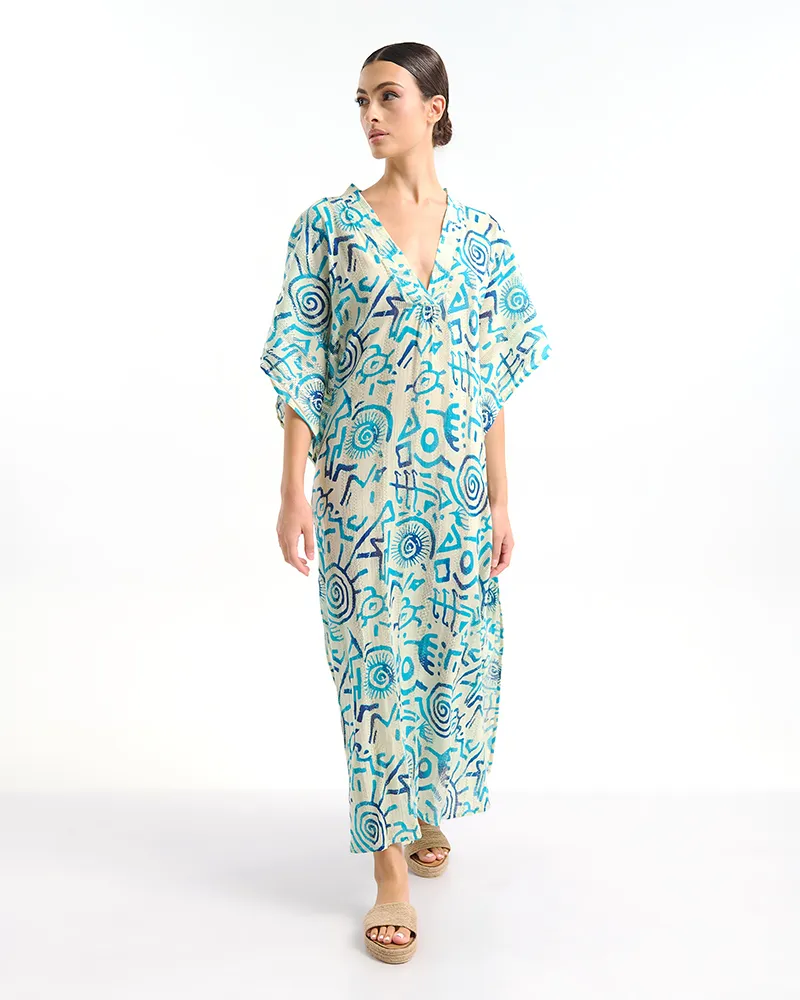 ΦΟΡΕΜΑ ΜΑΚΡΥ ΚΟΝΤΟΜΑΝΙΚΟ ΛΕΥΚΟ ΜΕ ΜΠΛΕ/ ΤΙΡΚΟΥΑΖ ΣΧΕΔΙΑ ONE SIZE  (100% COTTON)