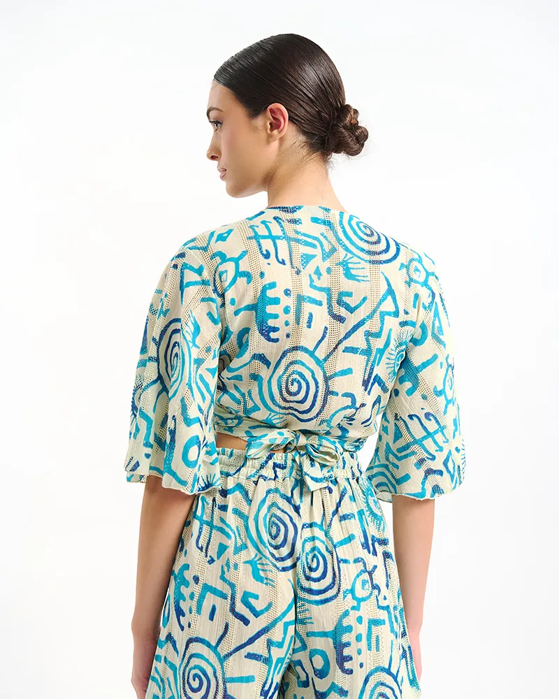 ΤΟΠ ΚΟΝΤΟ ΜΕ 3/4 ΜΑΝΙΚΙ ΛΕΥΚΟ ΜΕ ΜΠΛΕ/ ΤΙΡΚΟΥΑΖ ΣΧΕΔΙΑ ONE SIZE  (100% COTTON)