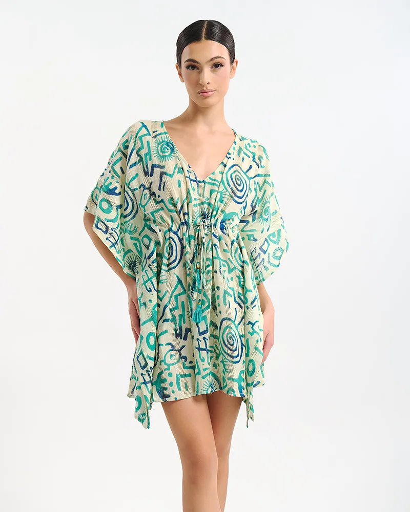 ΚΑΦΤΑΝΙ ΚΟΝΤΟ ΛΕΥΚΟ ΜΕ ΠΡΑΣΙΝΑ/ ΤΙΡΚΟΥΑΖ ΣΧΕΔΙΑ ONE SIZE  (100% COTTON)