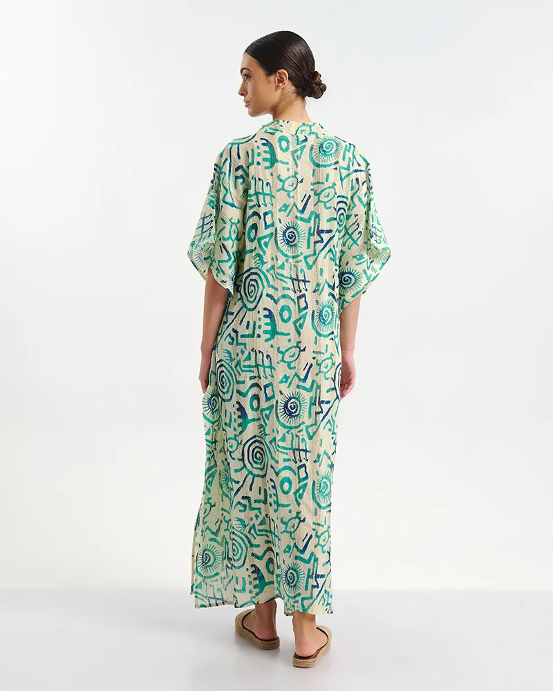 ΦΟΡΕΜΑ ΜΑΚΡΥ ΚΟΝΤΟΜΑΝΙΚΟ ΛΕΥΚΟ ΜΕ ΠΡΑΣΙΝΑ/ ΤΙΡΚΟΥΑΖ ΣΧΕΔΙΑ ONE SIZE  (100% COTTON)