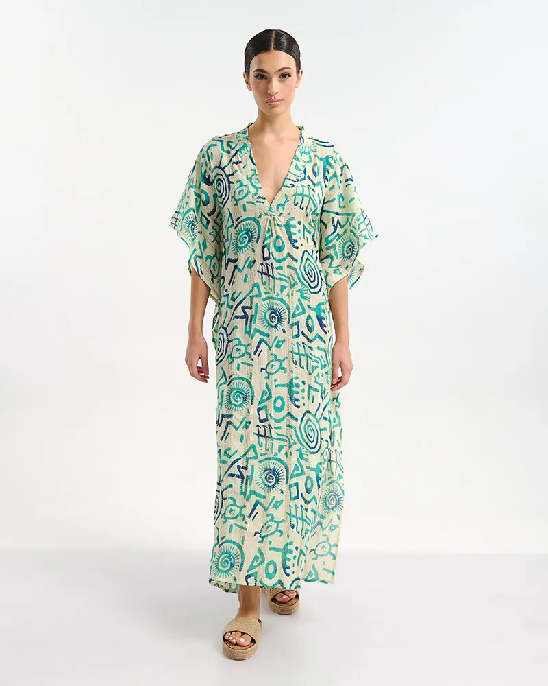 ΦΟΡΕΜΑ ΜΑΚΡΥ ΚΟΝΤΟΜΑΝΙΚΟ ΛΕΥΚΟ ΜΕ ΠΡΑΣΙΝΑ/ ΤΙΡΚΟΥΑΖ ΣΧΕΔΙΑ ONE SIZE  (100% COTTON)