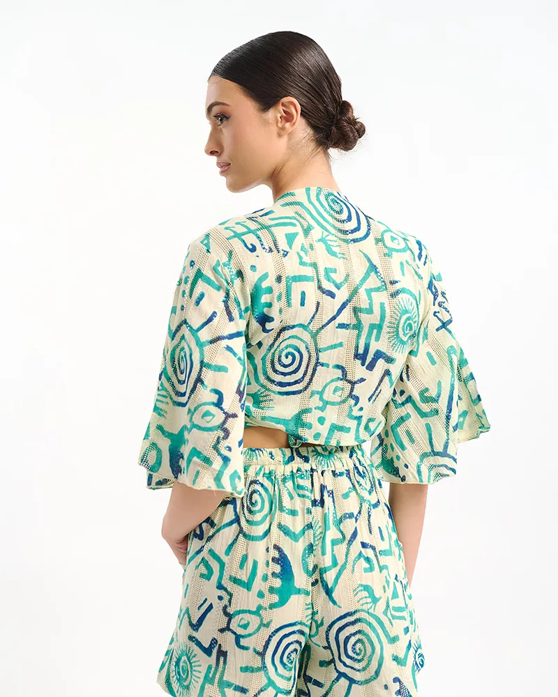 ΤΟΠ ΚΟΝΤΟ ΜΕ 3/4 ΜΑΝΙΚΙ ΛΕΥΚΟ ΜΕ ΠΡΑΣΙΝΑ/ ΤΙΡΚΟΥΑΖ ΣΧΕΔΙΑ ONE SIZE  (100% COTTON)