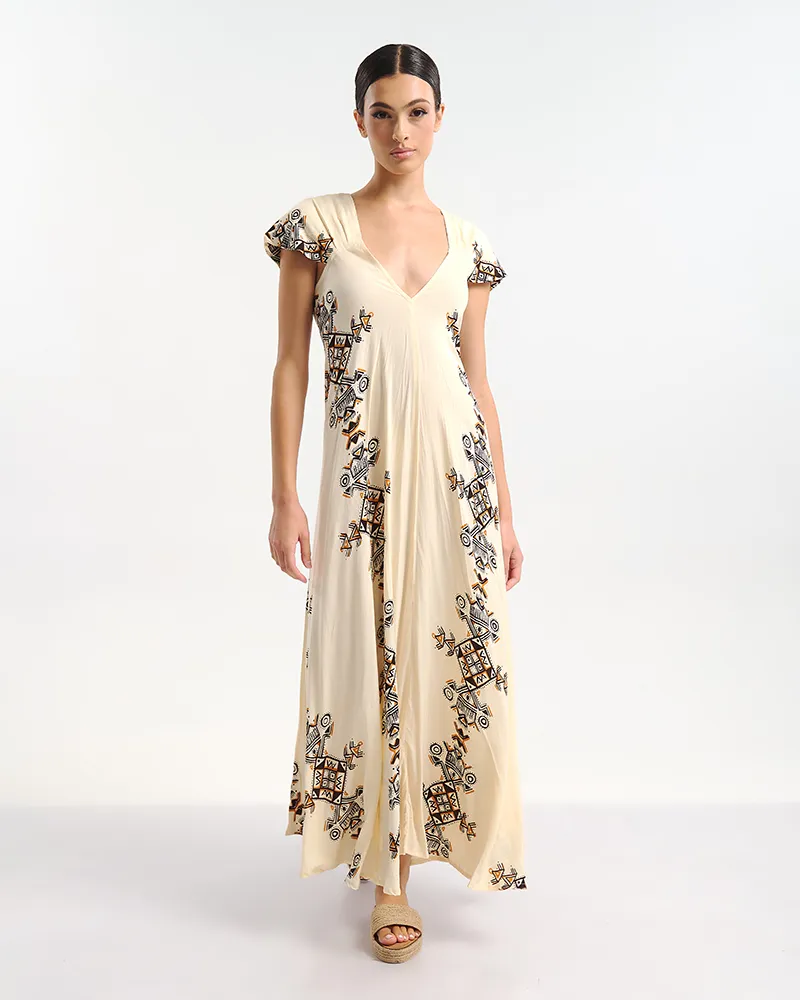 ΦΟΡΕΜΑ ΜΑΚΡΥ ΚΟΝΤΟΜΑΝΙΚΟ ΕΚΡΟΥ ΜΕ ΓΕΩΜΕΤΡΙΚΑ ΣΧΕΔΙΑ ONE SIZE (100% RAYON)