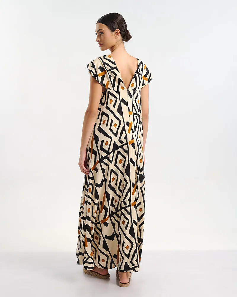 ΦΟΡΕΜΑ ΜΑΚΡΥ ΚΟΝΤΟΜΑΝΙΚΟ ΜΠΕΖ/ΜΑΥΡΟ ΜΕ  ΣΧΕΔΙΑ ONE SIZE (100% RAYON)