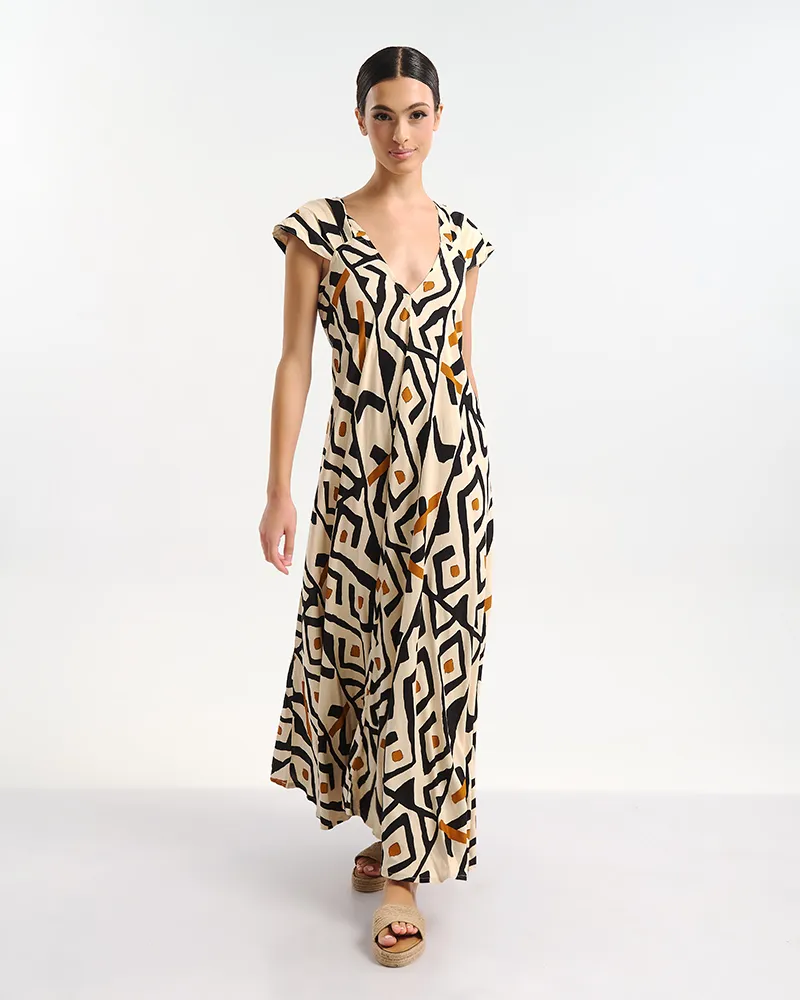 ΦΟΡΕΜΑ ΜΑΚΡΥ ΚΟΝΤΟΜΑΝΙΚΟ ΜΠΕΖ/ΜΑΥΡΟ ΜΕ  ΣΧΕΔΙΑ ONE SIZE (100% RAYON)