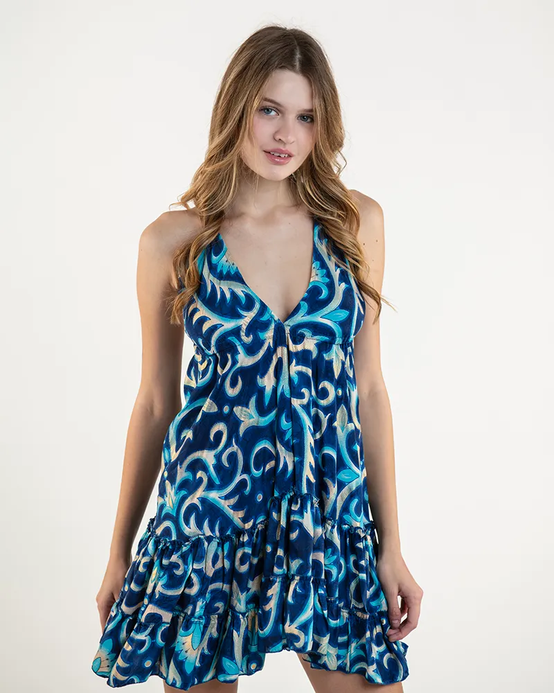 ΦΟΡΕΜΑ ΚΟΝΤΟ ΕΞΩΠΛΑΤΟ ΜΠΛΕ ΜΕ ΤΥΡΚΟΥΑΖ/ΧΡΥΣΕΣ ΛΕΠΤΟΜΕΡΕΙΕΣ ONE SIZE (60% SILK 40% POLYESTER)