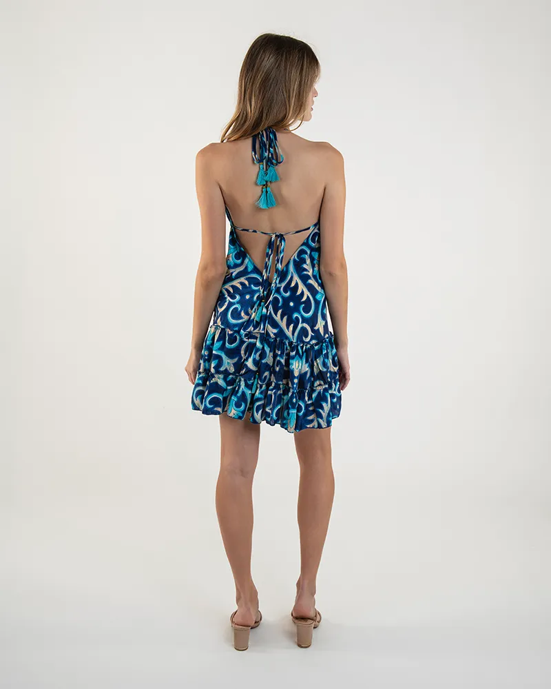 ΦΟΡΕΜΑ ΚΟΝΤΟ ΕΞΩΠΛΑΤΟ ΜΠΛΕ ΜΕ ΤΥΡΚΟΥΑΖ/ΧΡΥΣΕΣ ΛΕΠΤΟΜΕΡΕΙΕΣ ONE SIZE (60% SILK 40% POLYESTER)