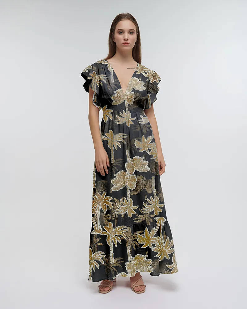 ΦΟΡΕΜΑ ΜΑΚΡΥ ΜΕ ΚΟΝΤΟ ΜΑΝΙΚΙ ΜΑΥΡΟ/ΧΡΥΣΟ ”ΦΟΙΝΙΚΕΣ” ONE SIZE (60% SILK 40% POLYESTER)