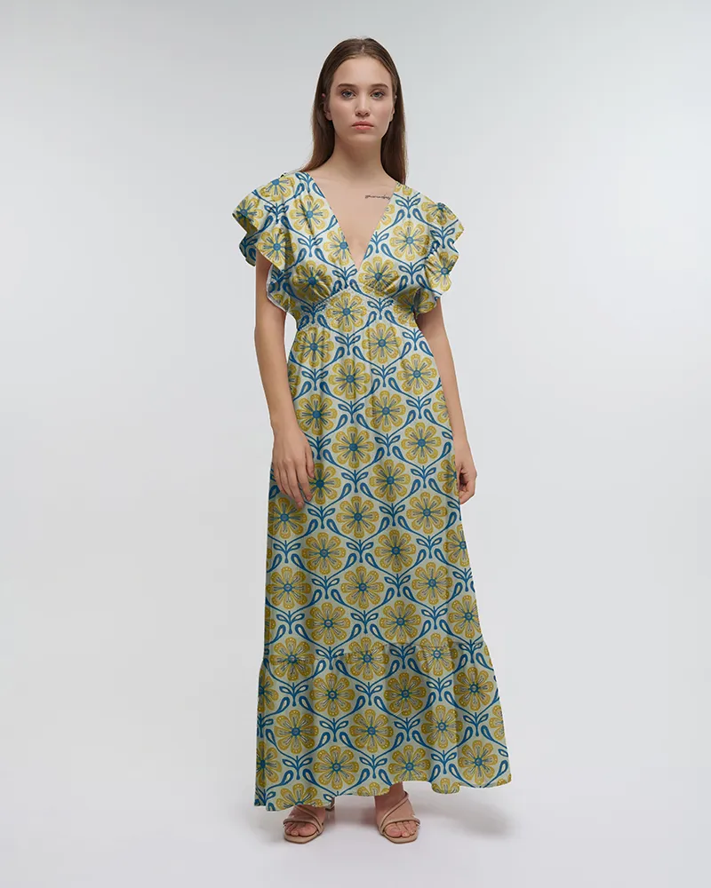 ΦΟΡΕΜΑ ΜΑΚΡΥ ΜΕ ΚΟΝΤΟ ΜΑΝΙΚΙ ΕΚΡΟΥ ΜΕ ΧΡΥΣΑ ΛΟΥΛΟΥΔΙΑ ΚΑΙ ΜΠΛΕ ΛΕΠΤΟΜΕΡΕΙΕΣ ONE SIZE  (60% SILK 40% POLYESTER)