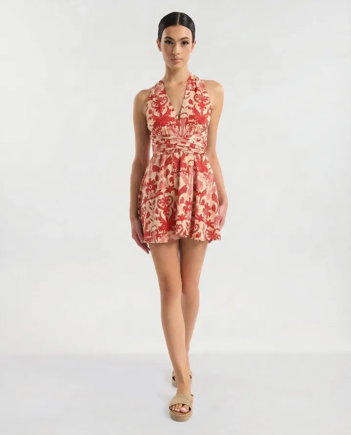 ΦΟΡΕΜΑ ΚΟΝΤΟ ΠΟΛΥΜΟΡΦΙΚΟ ΚΟΚΚΙΝΟ/ΕΚΡΟΎ ΜΕ ΛΟΥΛΟΥΔΙΑ ONE SIZE  (60% SILK 40% POLYESTER)