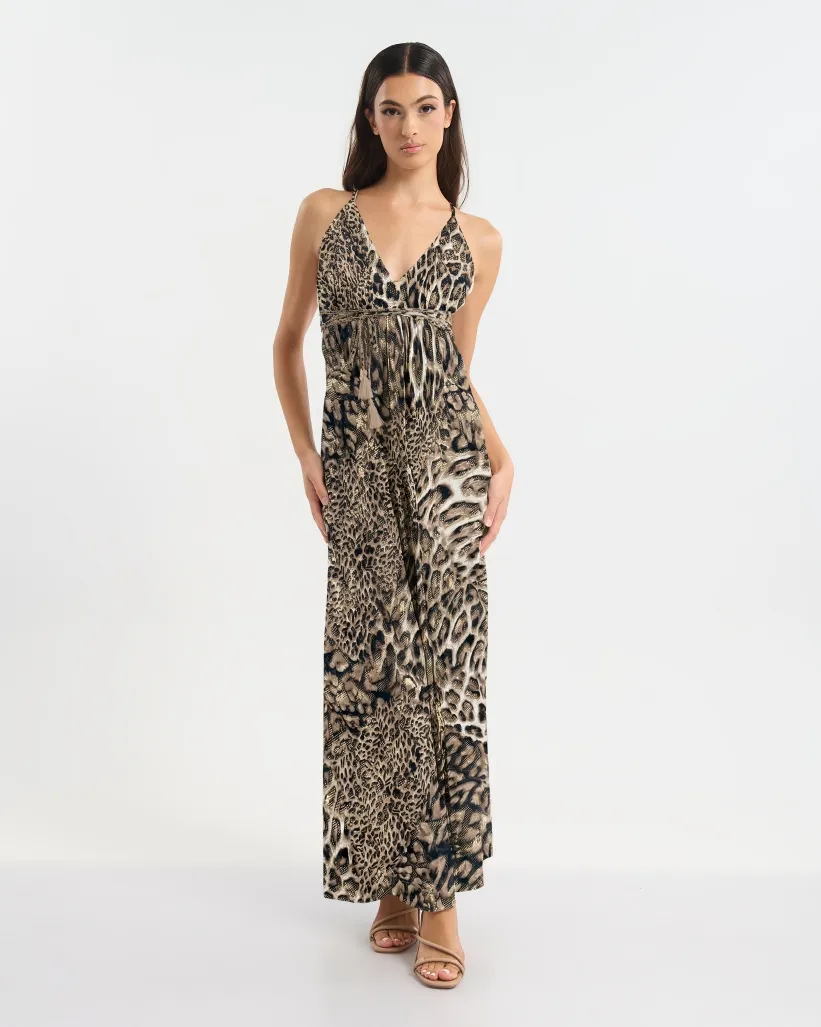 ΦΟΡΕΜΑ ΜΑΚΡΥ ΕΞΩΠΛΑΤΟ ΣΕ ΚΑΦΕ ΜΕ ΛΕΟΠΑΡ ΣΧΕΔΙΟ ONE SIZE  (60% SILK 40% POLYESTER)