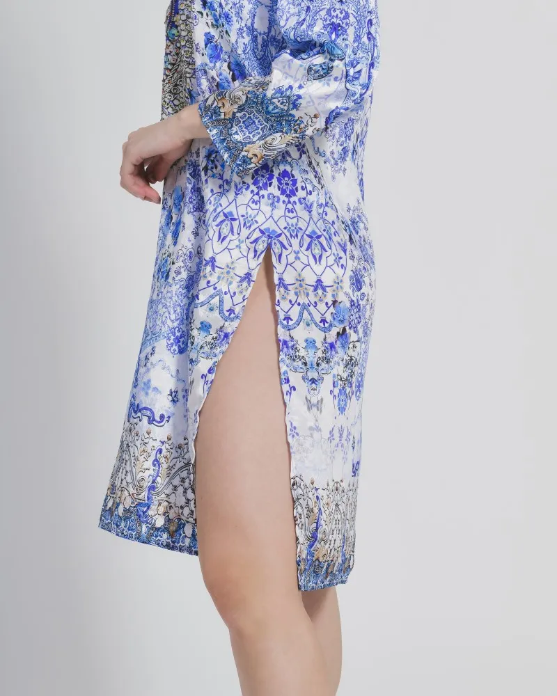 TUNIC ΜΕ ΚΟΡΔΟΝΙΑ ΛΕΥΚΟ ΜΠΛΕ ΕΜΠΡΙΜΕ M/L (100% CREPE)