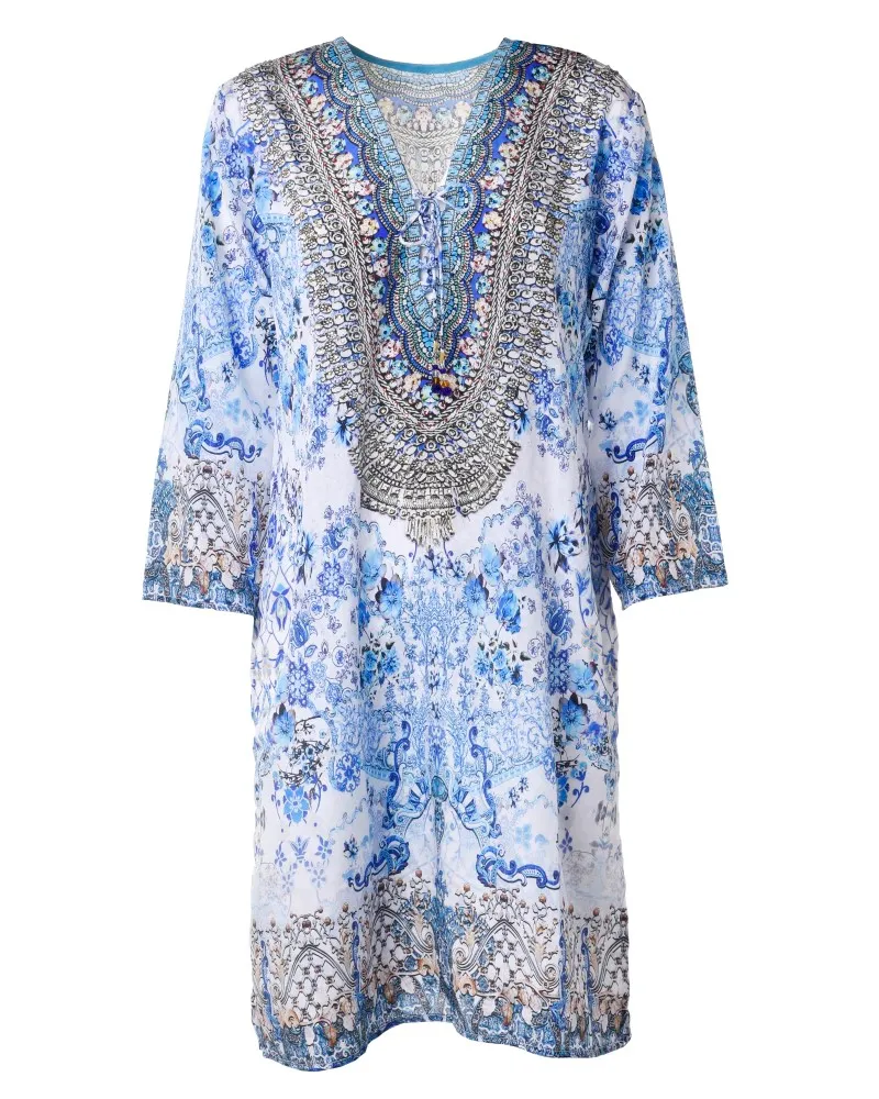 TUNIC ΜΕ ΚΟΡΔΟΝΙΑ ΛΕΥΚΟ ΜΠΛΕ ΕΜΠΡΙΜΕ M/L (100% CREPE)