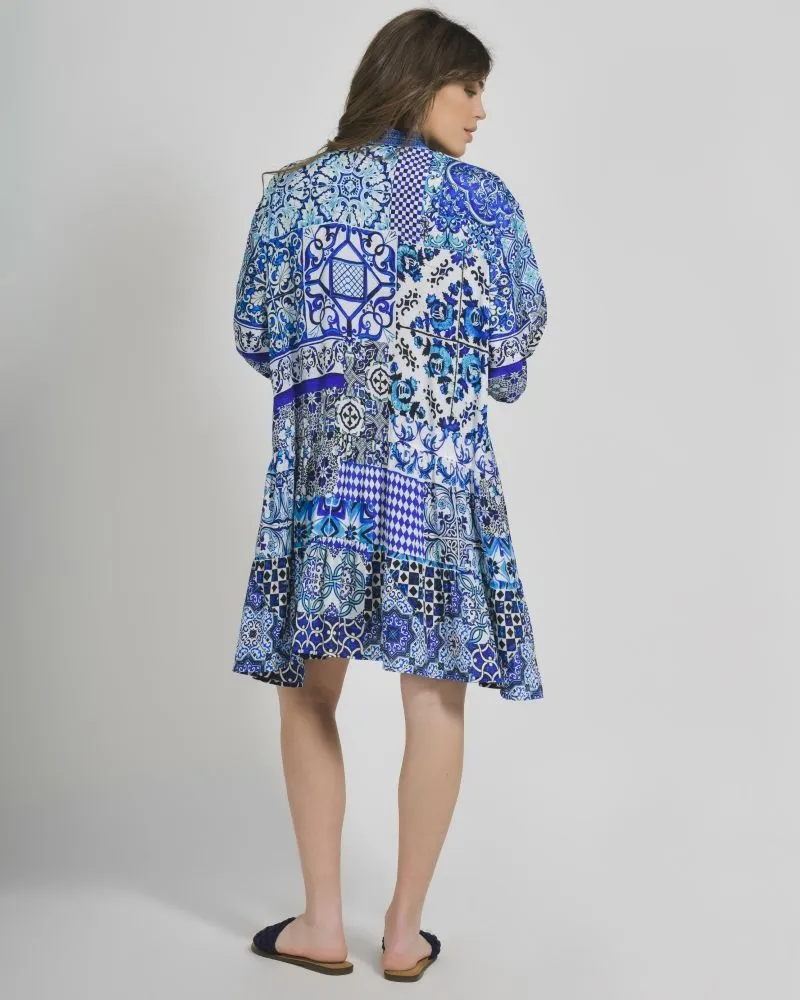 ΦΟΡΕΜΑ ΚΟΝΤΟ ΜΑΚΡΥΜΑΝΙΚΟ ΛΕΥΚΟ ΜΠΛΕ ΕΜΠΡΙΜΕ ONE SIZE (100% CREPE)