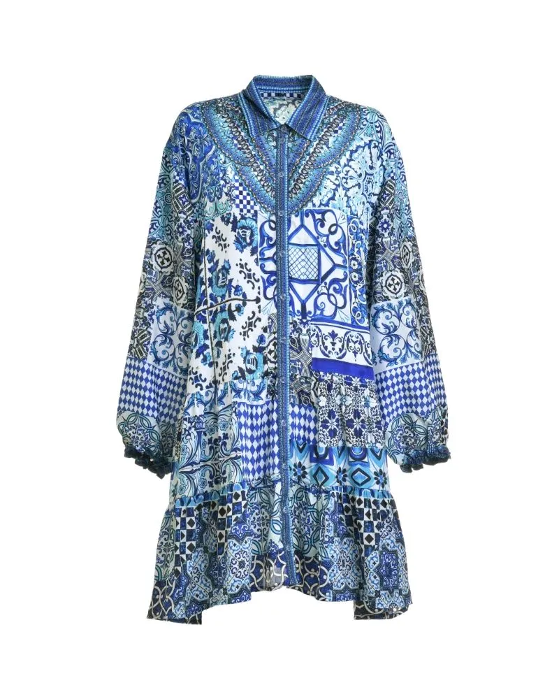 ΦΟΡΕΜΑ ΚΟΝΤΟ ΜΑΚΡΥΜΑΝΙΚΟ ΛΕΥΚΟ ΜΠΛΕ ΕΜΠΡΙΜΕ ONE SIZE (100% CREPE)