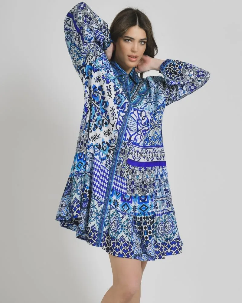 ΦΟΡΕΜΑ ΚΟΝΤΟ ΜΑΚΡΥΜΑΝΙΚΟ ΛΕΥΚΟ ΜΠΛΕ ΕΜΠΡΙΜΕ ONE SIZE (100% CREPE)