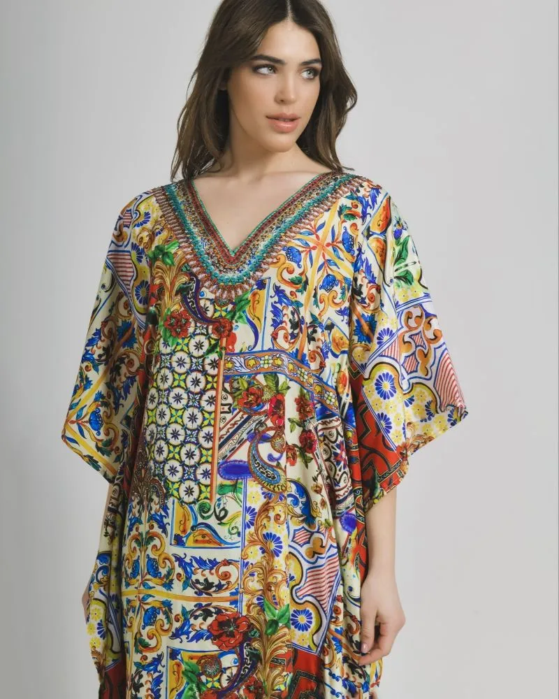 ΚΑΦΤΑΝΙ ΜΑΚΡΥ ΚΙΤΡΙΝΟ/ΚΟΚΚΙΝΟ ΕΜΠΡΙΜΕ M/L (100% CREPE)