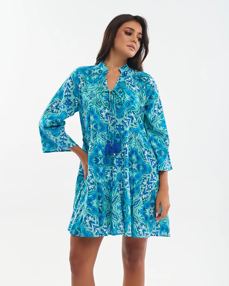 ΦΟΡΕΜΑ ΚΟΝΤΟ ΤΥΡΚΟΥΑΖ/ΜΠΛΕ ΜΕ ΚΕΝΤΗΤΕΣ ΛΕΠΤΟΜΕΡΕΙΕΣ ΚΑΙ ΧΑΝΤΡΕΣ ONE SIZE (100% COTTON)