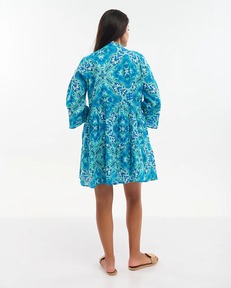 ΦΟΡΕΜΑ ΚΟΝΤΟ ΤΥΡΚΟΥΑΖ/ΜΠΛΕ ΜΕ ΚΕΝΤΗΤΕΣ ΛΕΠΤΟΜΕΡΕΙΕΣ ΚΑΙ ΧΑΝΤΡΕΣ ONE SIZE (100% COTTON)