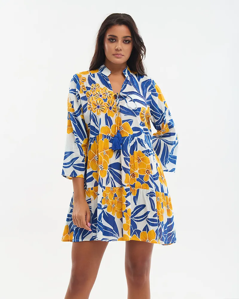 ΦΟΡΕΜΑ ΚΟΝΤΟ ΠΟΡΤΟΚΑΛΙ/ΜΠΛΕ/ΛΕΥΚΟ ΜΕ ΚΕΝΤΗΤΕΣ ΛΕΠΤΟΜΕΡΕΙΕΣ ΚΑΙ ΧΑΝΤΡΕΣ ONE SIZE (100% COTTON)