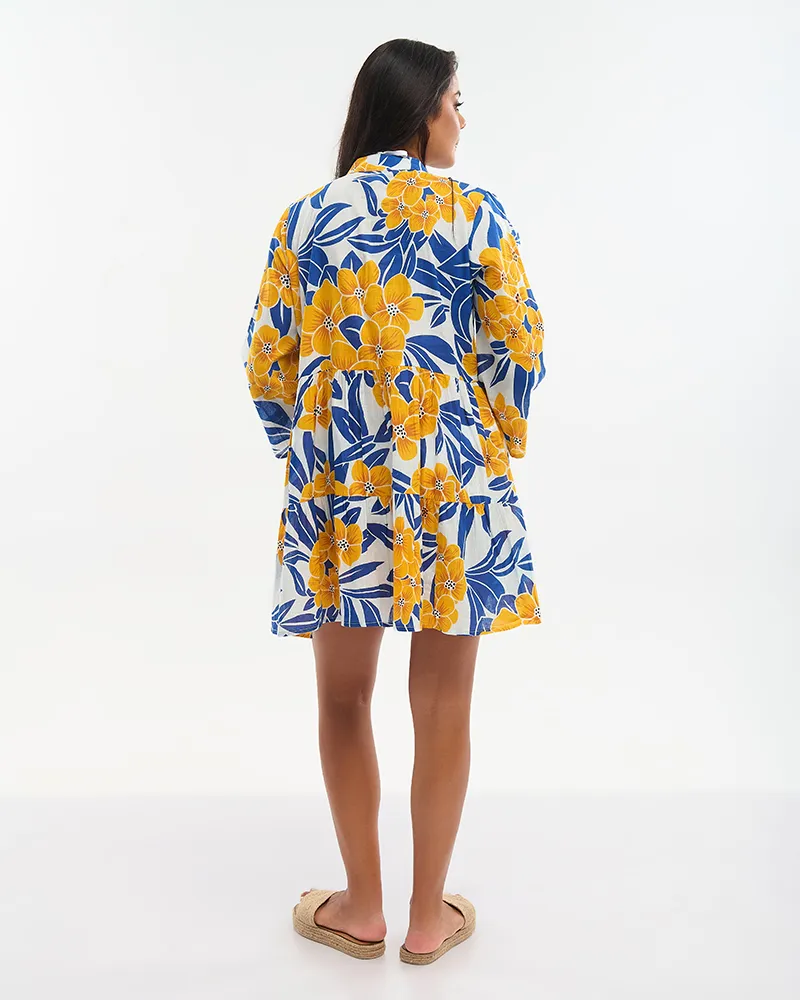 ΦΟΡΕΜΑ ΚΟΝΤΟ ΠΟΡΤΟΚΑΛΙ/ΜΠΛΕ/ΛΕΥΚΟ ΜΕ ΚΕΝΤΗΤΕΣ ΛΕΠΤΟΜΕΡΕΙΕΣ ΚΑΙ ΧΑΝΤΡΕΣ ONE SIZE (100% COTTON)