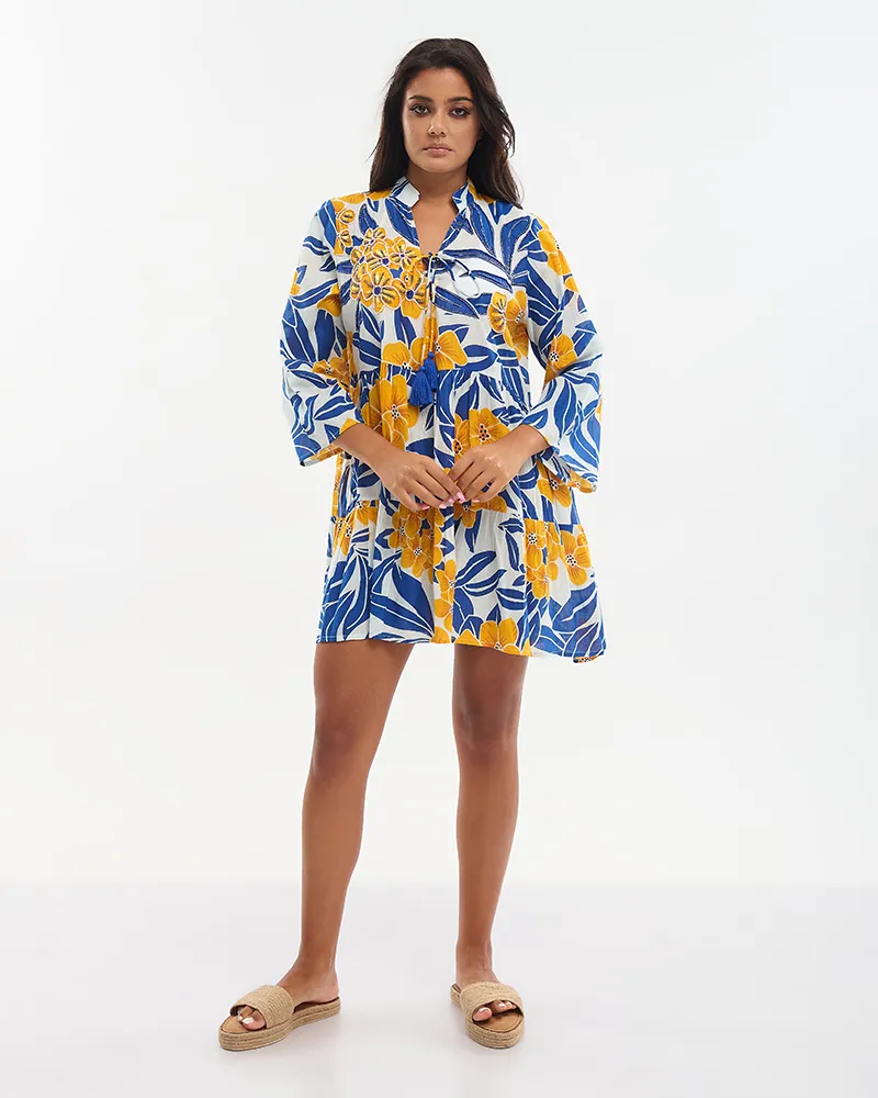 ΦΟΡΕΜΑ ΚΟΝΤΟ ΠΟΡΤΟΚΑΛΙ/ΜΠΛΕ/ΛΕΥΚΟ ΜΕ ΚΕΝΤΗΤΕΣ ΛΕΠΤΟΜΕΡΕΙΕΣ ΚΑΙ ΧΑΝΤΡΕΣ ONE SIZE (100% COTTON)