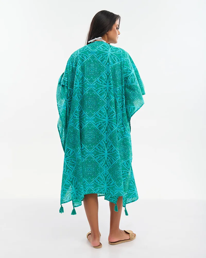 ΚΑΦΤΑΝΙ ΚΟΝΤΟ ΠΡΑΣΙΝΟ/ΤΥΡΚΟΥΑΖ ΜΕ ΚΕΝΤΗΤΕΣ ΛΕΠΤΟΜΕΡΕΙΕΣ ΚΑΙ ΧΑΝΤΡΕΣ ONE SIZE (100% COTTON)