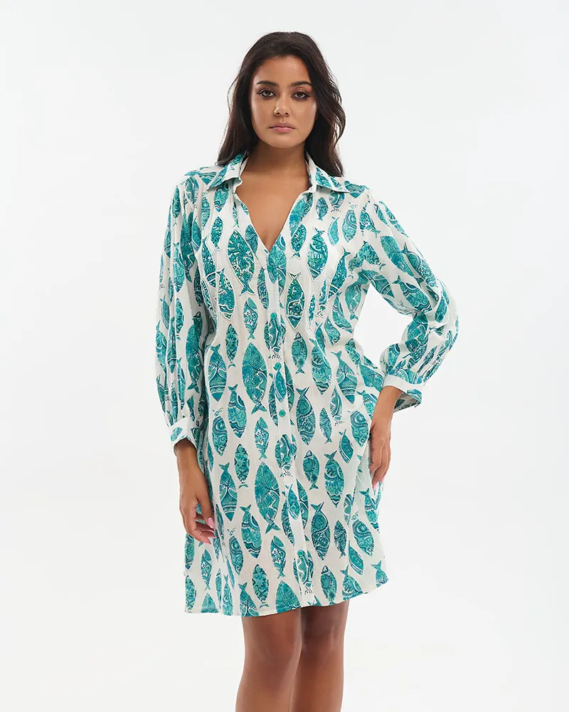 ΦΟΡΕΜΑ ΚΟΝΤΟ/ΠΟΥΚΑΜΙΣΑ ΤΥΡΚΟΥΑΖ/ΛΕΥΚΟ ”ΨΑΡΙΑ” ΜΕ ΚΕΝΤΗΤΕΣ ΛΕΠΤΟΜΕΡΕΙΕΣ ΚΑΙ ΧΑΝΤΡΕΣ ONE SIZE (100% COTTON)